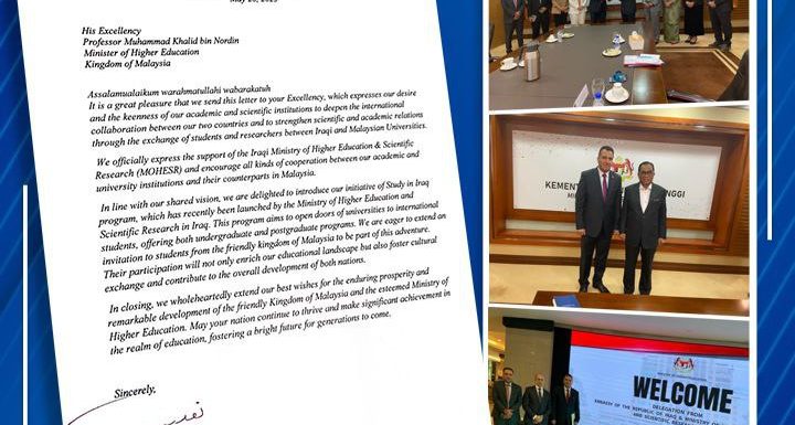 In a letter to his Malaysian counterpart, the Minister of Education confirms his keenness to develop academic relations and attract international students to study in Iraq